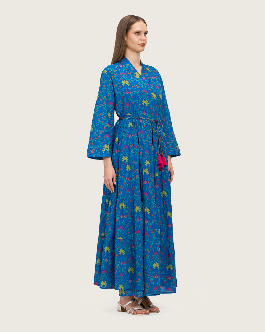 Blue Printed Maxi Wrap Dress with Belt & Tassel Details