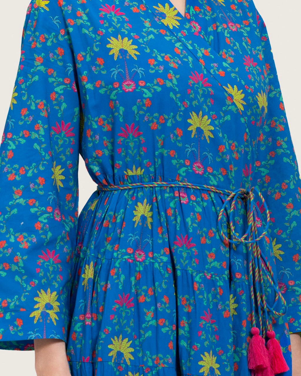 Blue Printed Maxi Wrap Dress with Belt & Tassel Details