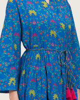 Blue Printed Maxi Wrap Dress with Belt & Tassel Details