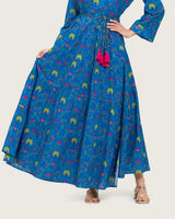 Blue Printed Maxi Wrap Dress with Belt & Tassel Details