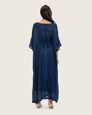 قفطان أزرق داكن مطبوع مع تطريز يدوي وقصة فضفاض و ربطة وسط