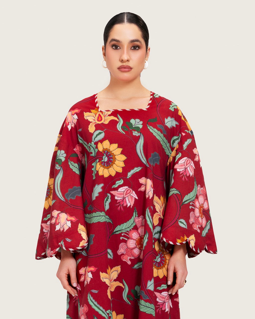 Maroon Red Floral Maxi Dress with Square Neckline