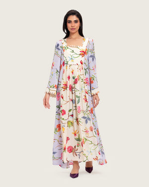 قفطان ماكسي مطبوع بنقشة زهور مع تطريزات خرزية