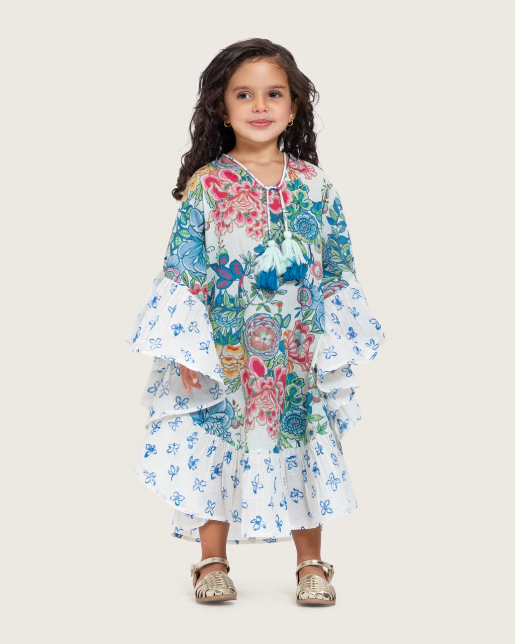 Girls Printed Kaftan with Flowy Silhouette and Sleeves - Blue