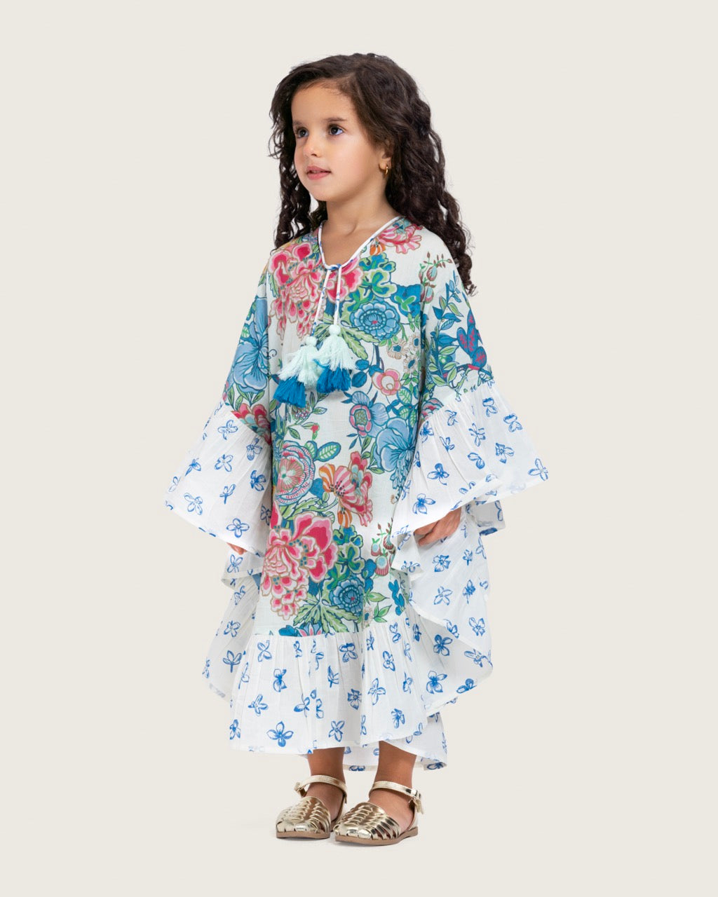Girls Printed Kaftan with Flowy Silhouette and Sleeves - Blue