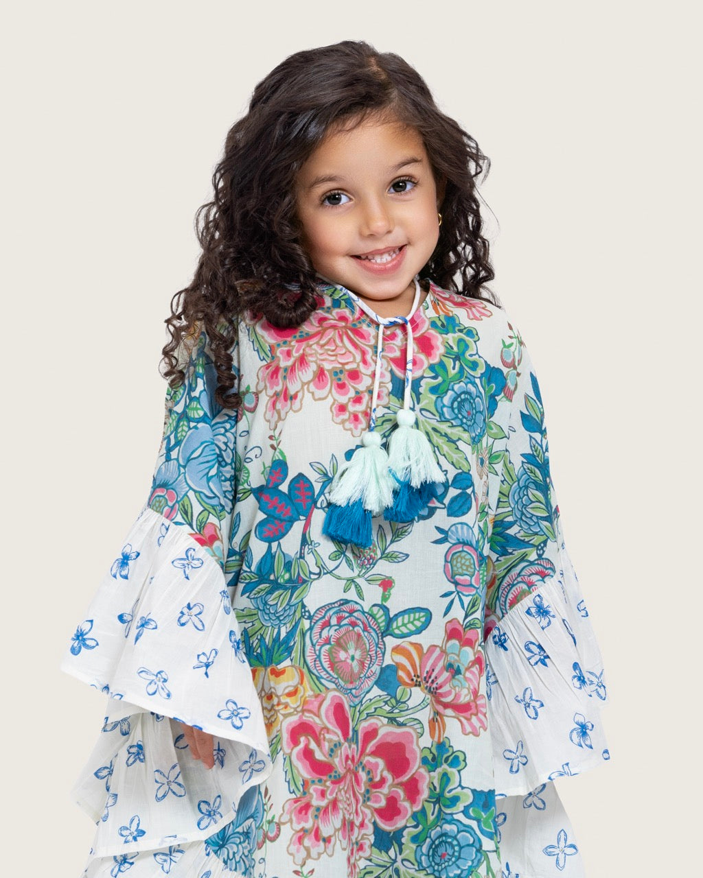 Girls Printed Kaftan with Flowy Silhouette and Sleeves - Blue