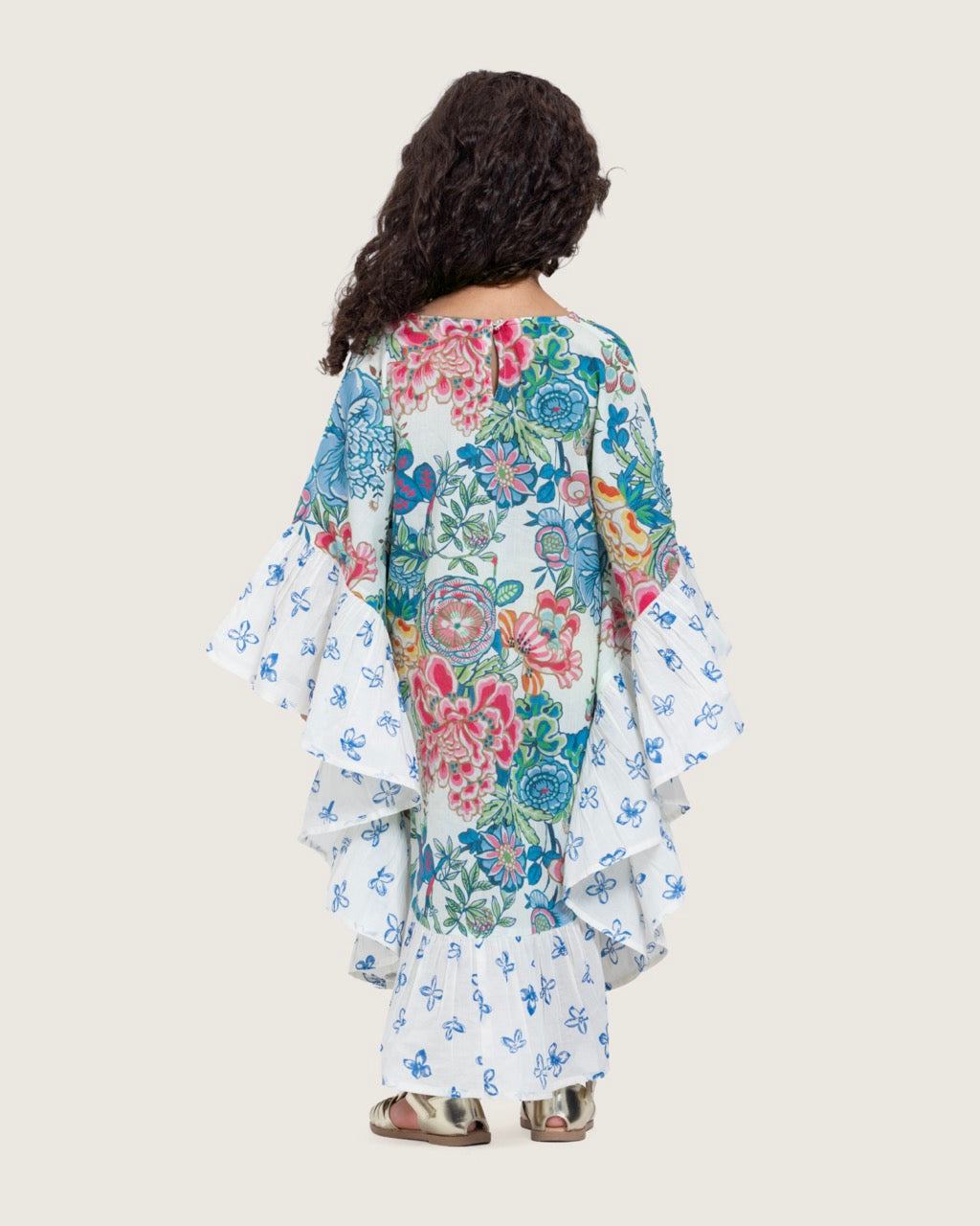 Girls Printed Kaftan with Flowy Silhouette and Sleeves - Blue