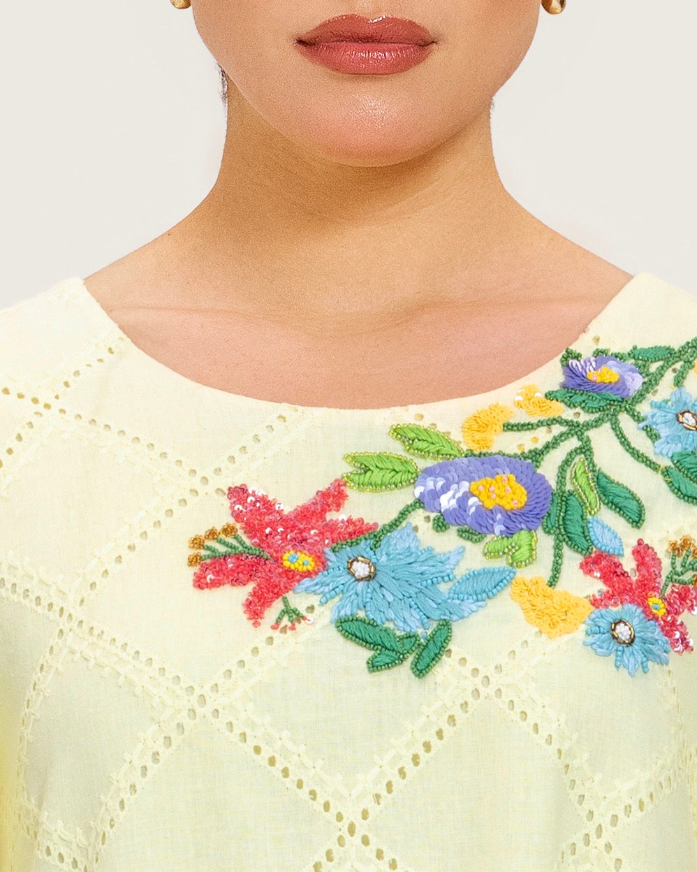 Loose Eyelet Cotton Dress with Handmade Beaded & Sequin Embellishments