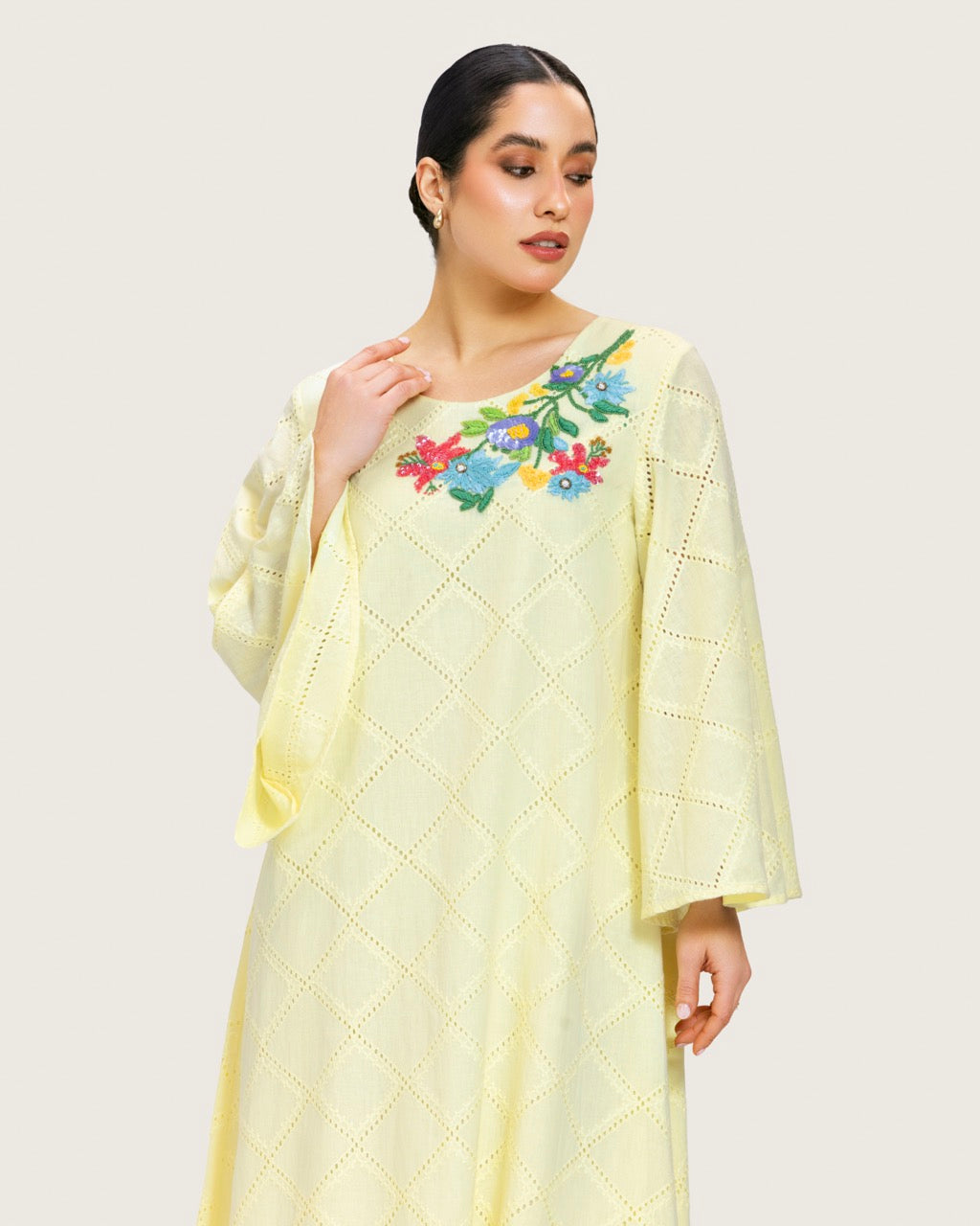 Loose Eyelet Cotton Dress with Handmade Beaded & Sequin Embellishments