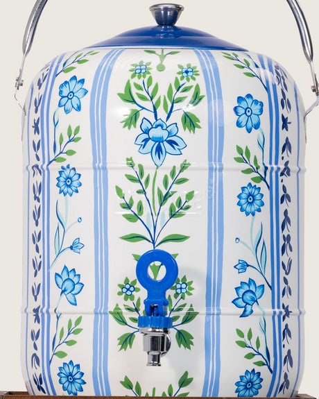 Hand-Painted Blue Meadow Urn and Stool Set - 15 liters