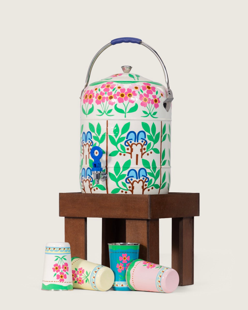 Hand-Painted Garden Urn and Stool Set - 15 liters