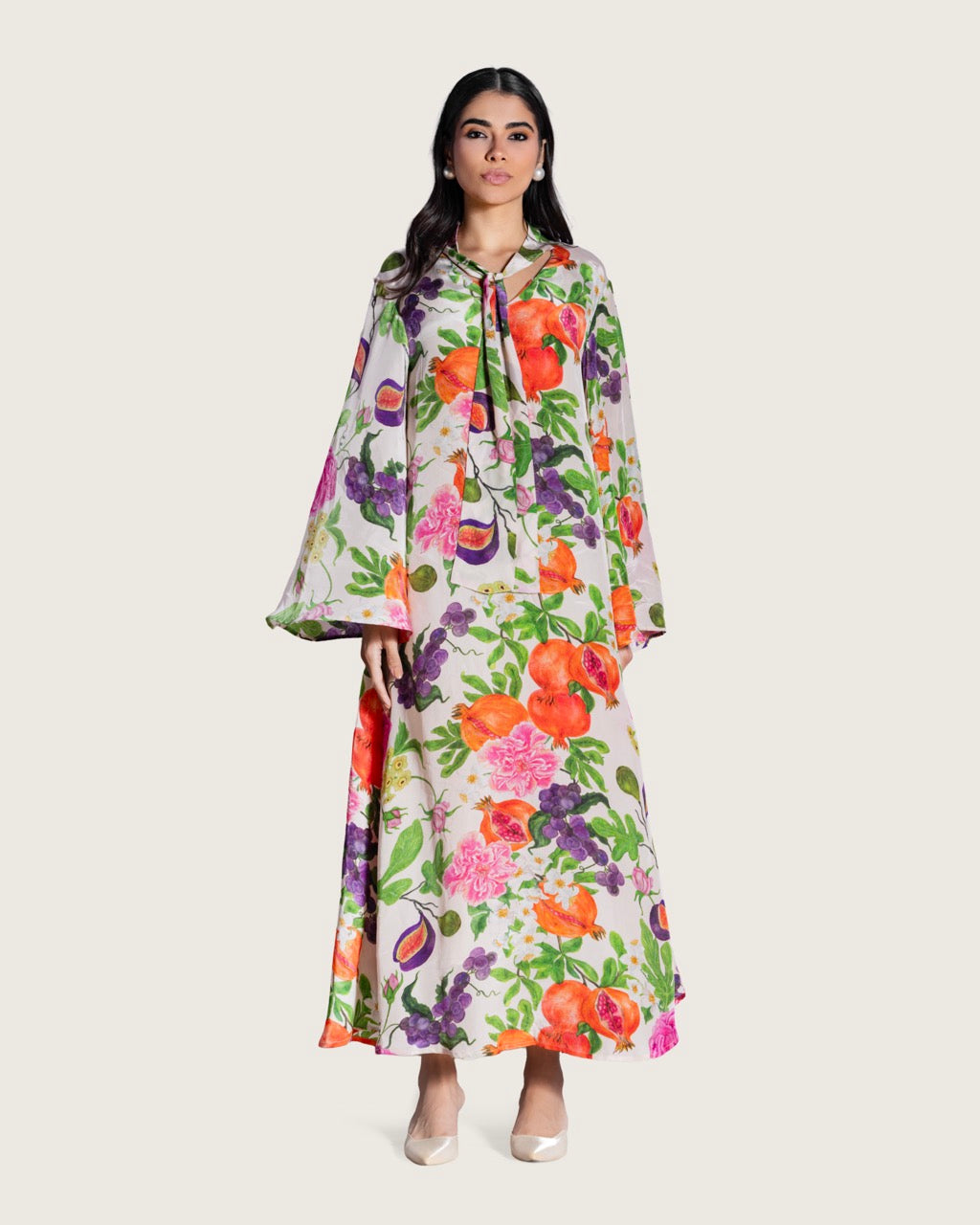 Floral Fruity Printed Maxi Kaftan with Tie Neckline