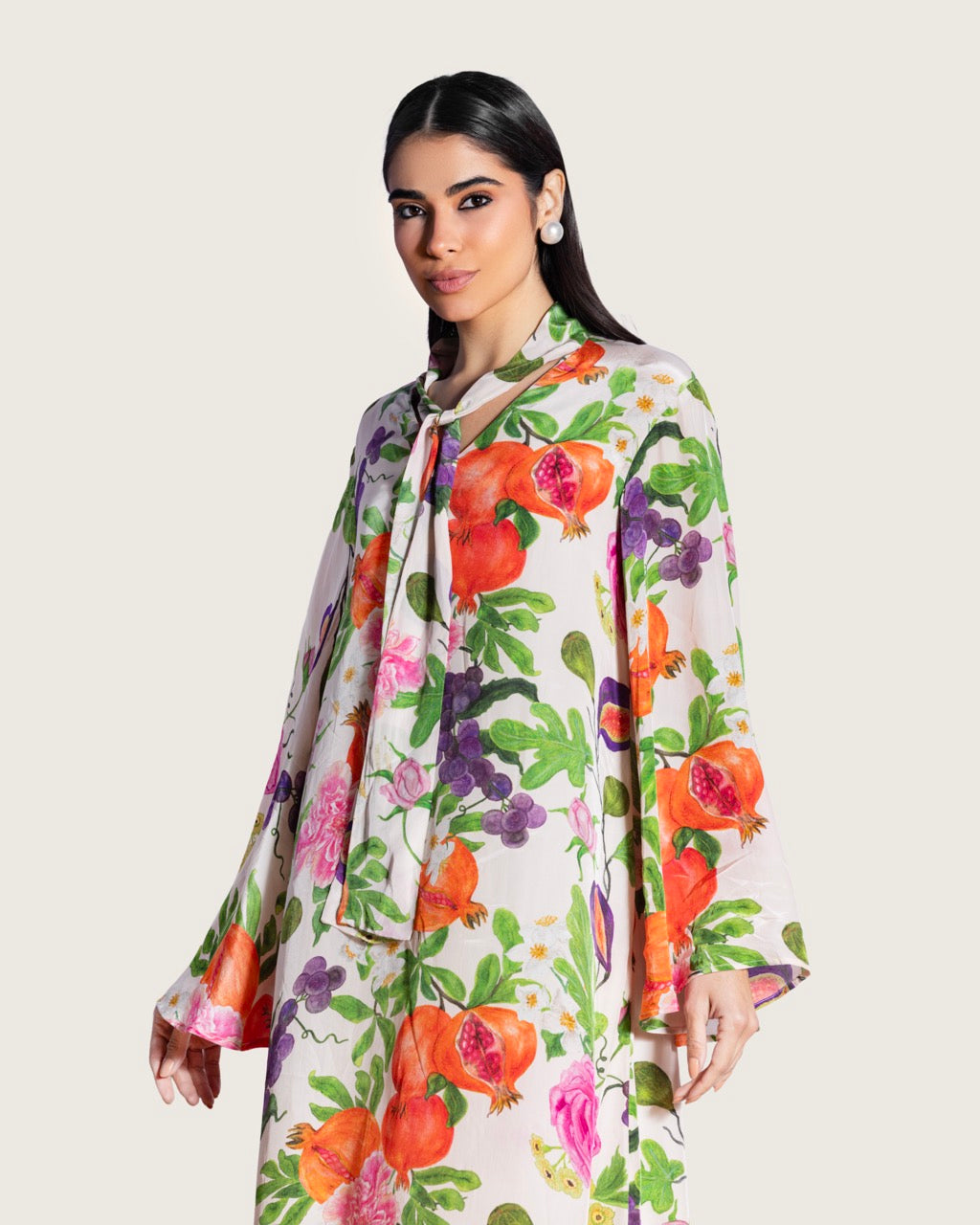 Floral Fruity Printed Maxi Kaftan with Tie Neckline