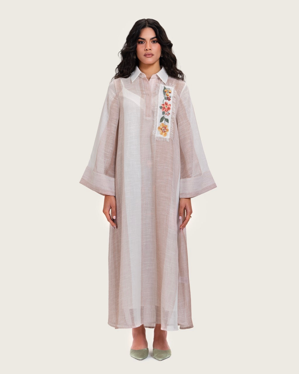 Maxi Shirt Dress with Handcrafted Floral Embroidery