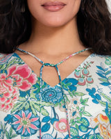 Printed Ruffle Trimmed Kaftan with Tie Neck & Tassels