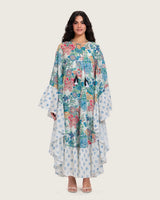 Printed Ruffle Trimmed Kaftan with Tie Neck & Tassels