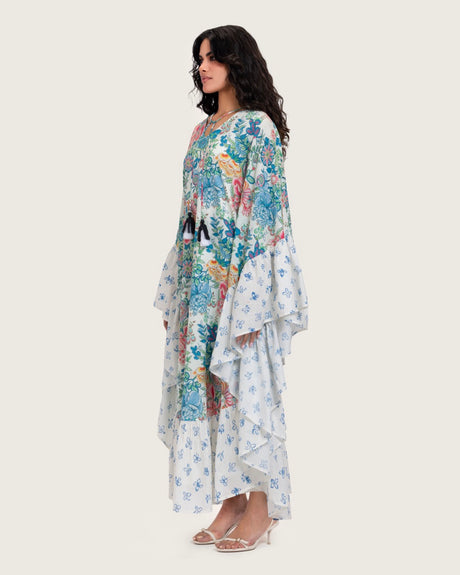 Printed Ruffle Trimmed Kaftan with Tie Neck & Tassels