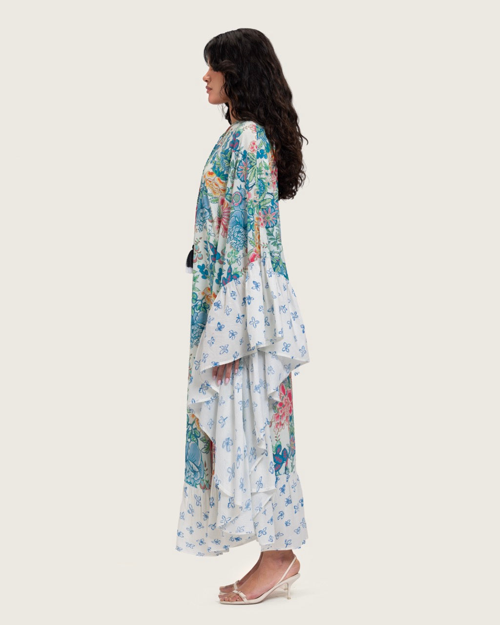 Printed Ruffle Trimmed Kaftan with Tie Neck & Tassels