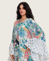 Printed Ruffle Trimmed Kaftan with Tie Neck & Tassels