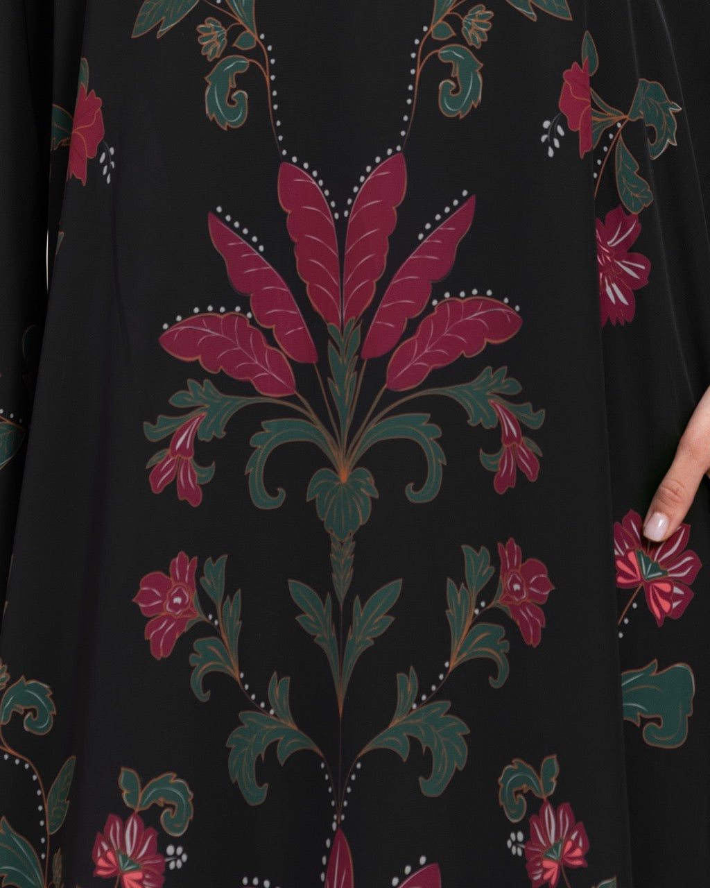 Satin Black Botanical Printed Kaftan