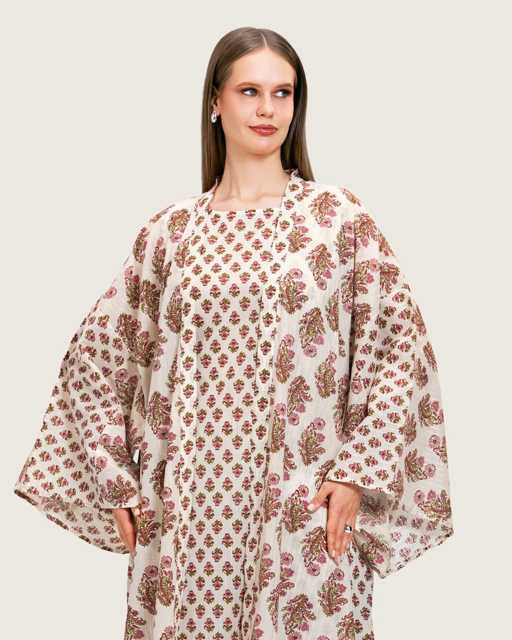 طقم عباية و فستان قطن مطبوع مذهب - زهري