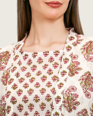 طقم عباية و فستان قطن مطبوع مذهب - زهري