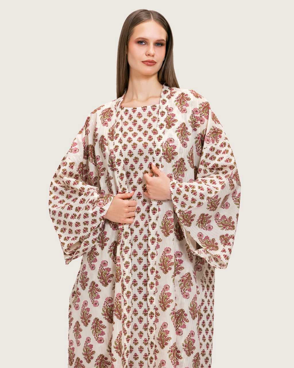 طقم عباية و فستان قطن مطبوع مذهب - زهري