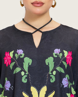 Black Printed Maxi Kaftan Dress with Beaded Tassel
