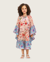 Girls Printed Kaftan with Flowy Silhouette and Sleeves -Peach