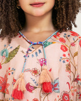Girls Printed Kaftan with Flowy Silhouette and Sleeves -Peach