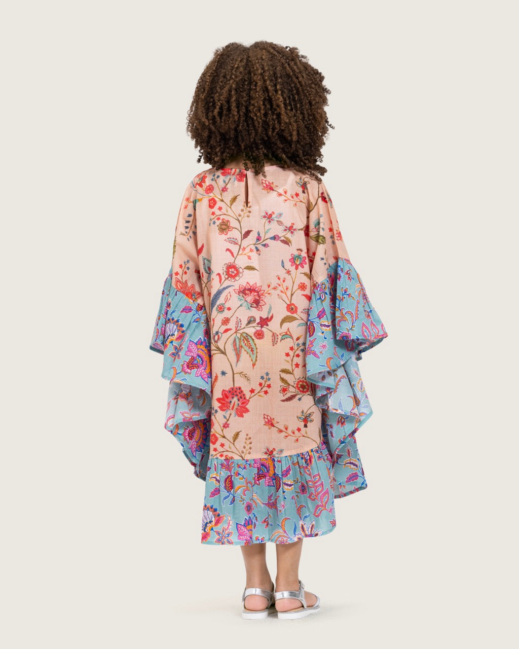 Girls Printed Kaftan with Flowy Silhouette and Sleeves -Peach