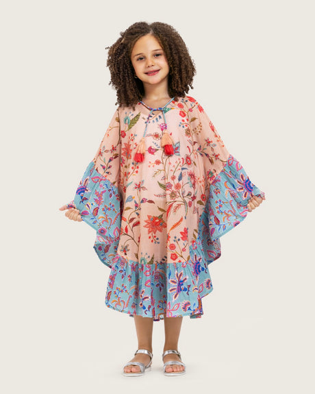 Girls Printed Kaftan with Flowy Silhouette and Sleeves -Peach