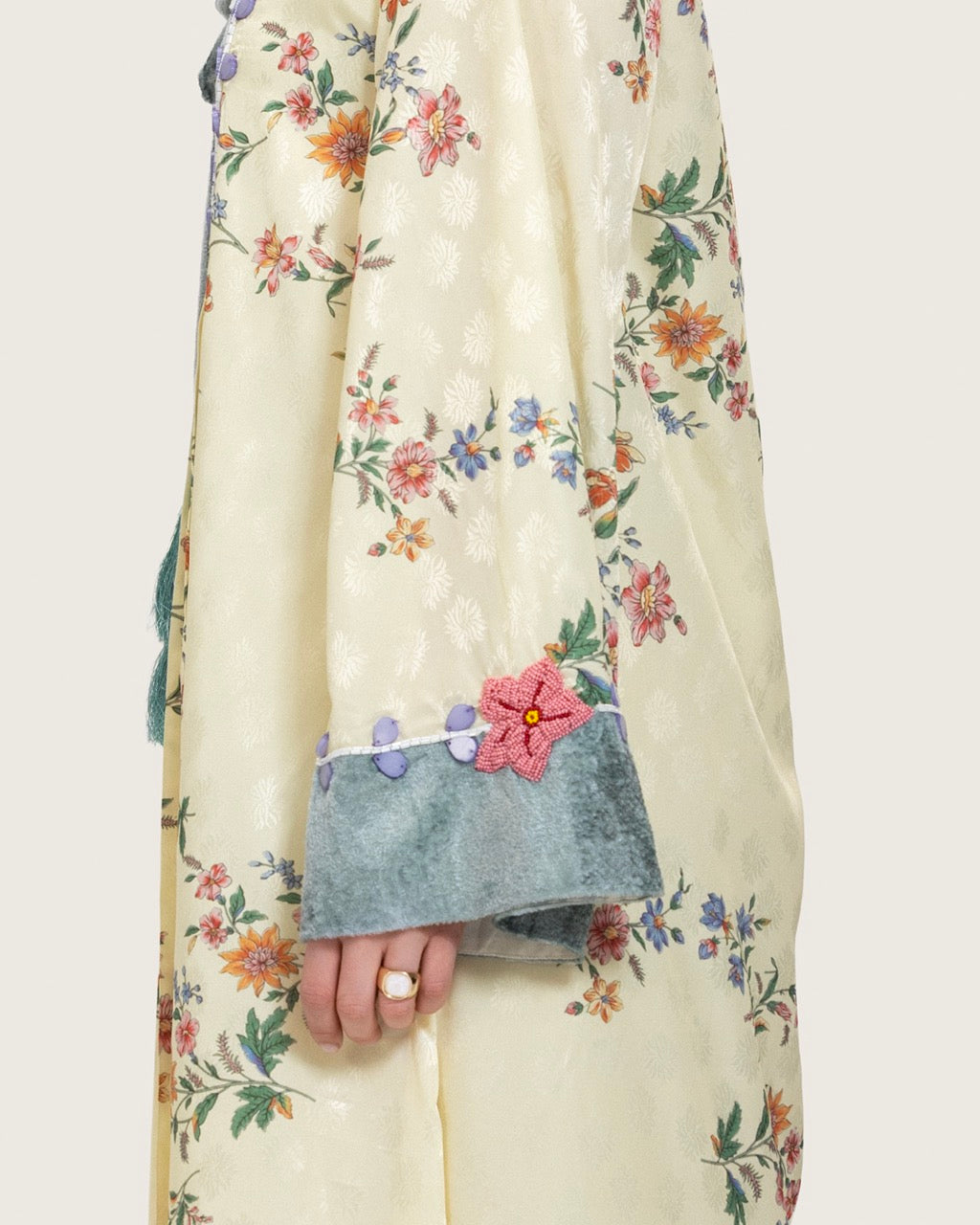 Cream Floral Maxi Kaftan Dress with Embroidery & Front Tie