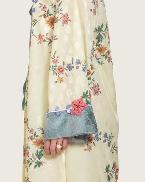 Cream Floral Maxi Kaftan Dress with Embroidery & Front Tie