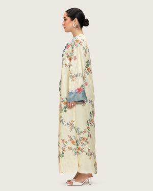 Cream Floral Maxi Kaftan Dress with Embroidery & Front Tie