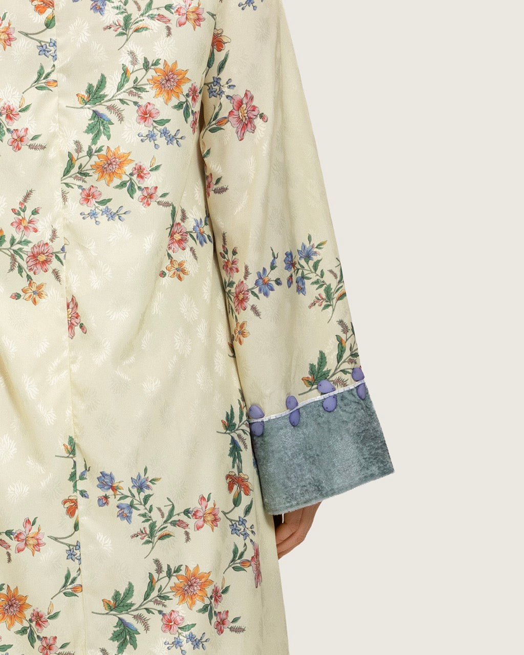 Cream Floral Maxi Kaftan Dress with Embroidery & Front Tie