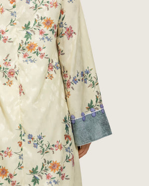 Cream Floral Maxi Kaftan Dress with Embroidery & Front Tie