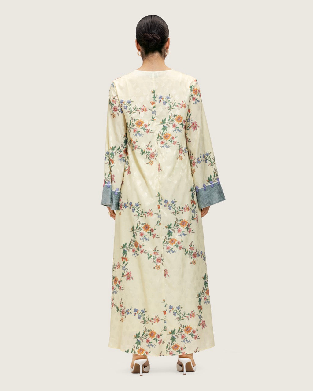 Cream Floral Maxi Kaftan Dress with Embroidery & Front Tie