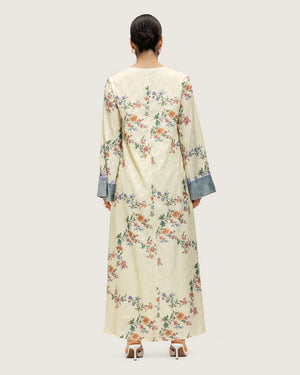 Cream Floral Maxi Kaftan Dress with Embroidery & Front Tie