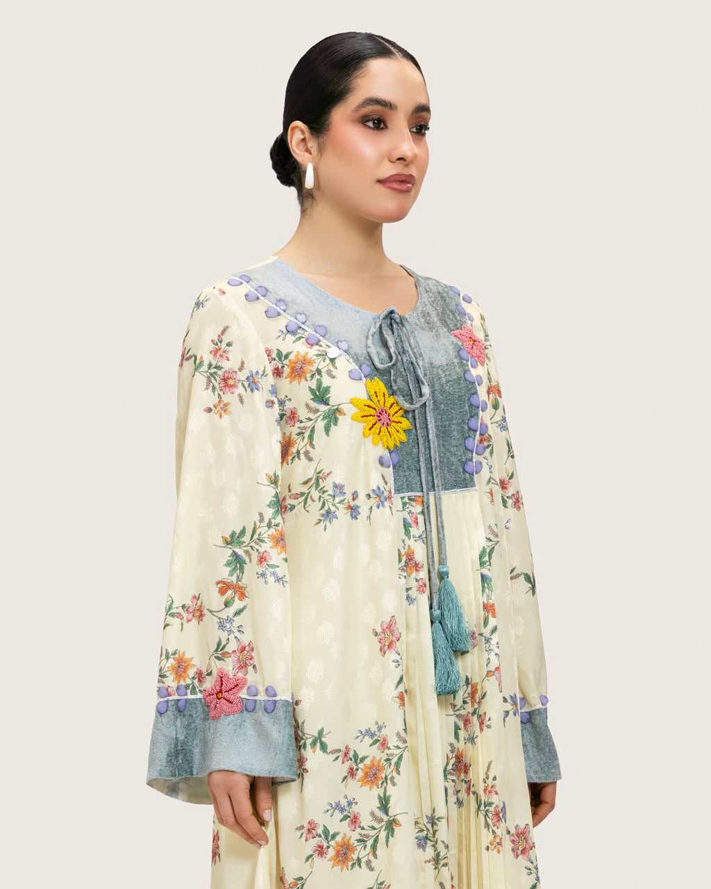 Cream Floral Maxi Kaftan Dress with Embroidery & Front Tie