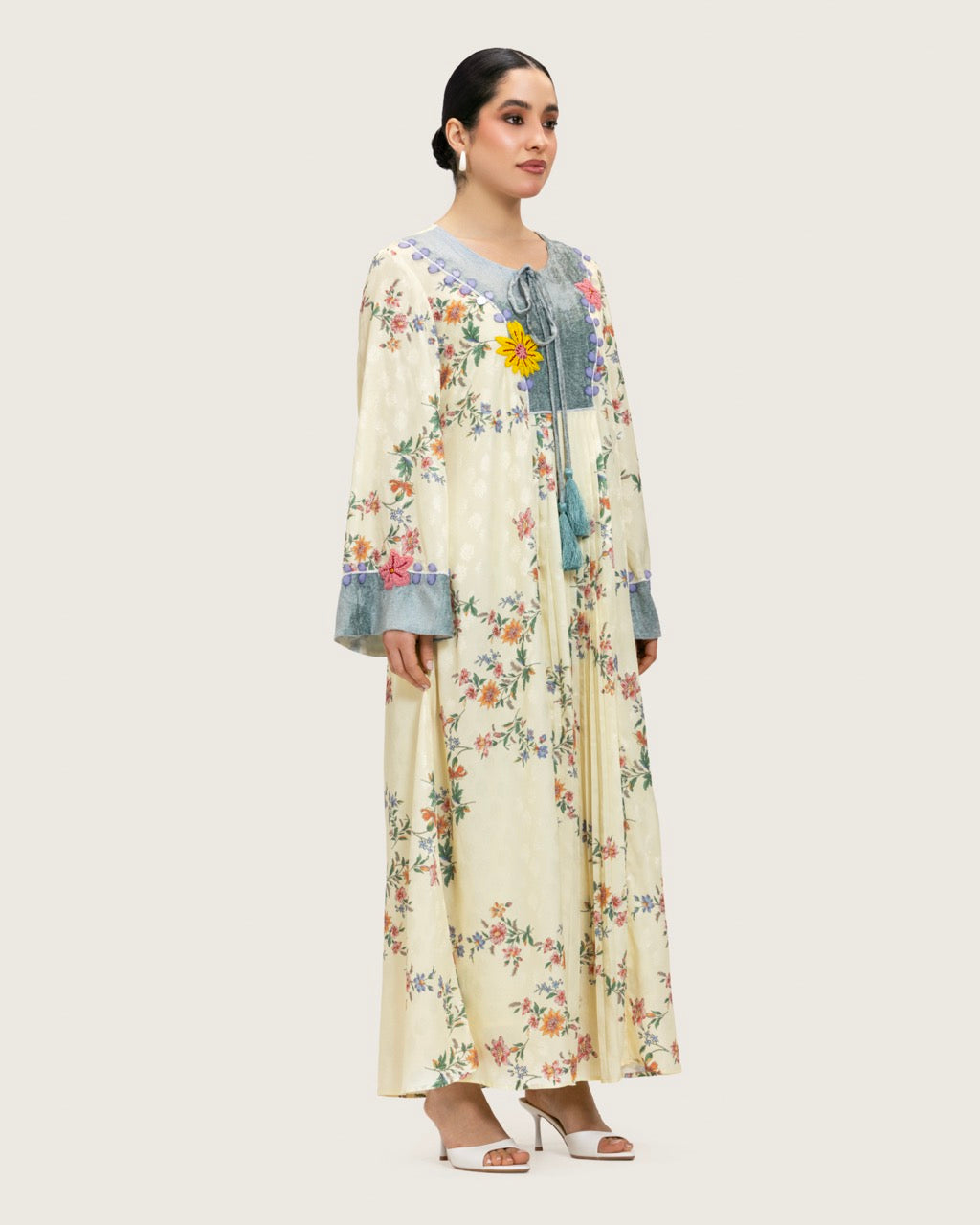 Cream Floral Maxi Kaftan Dress with Embroidery & Front Tie