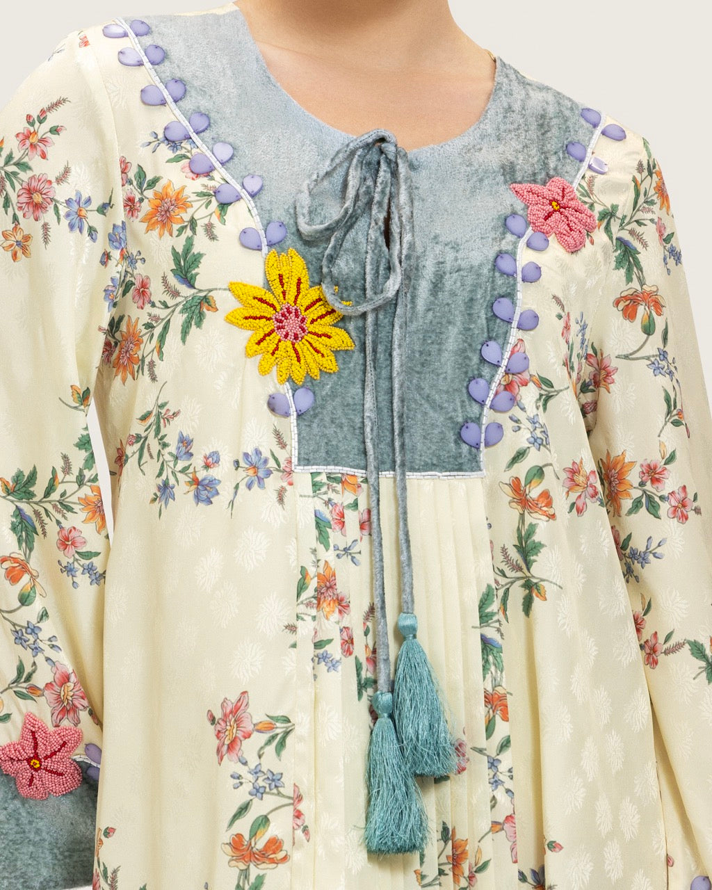 Cream Floral Maxi Kaftan Dress with Embroidery & Front Tie