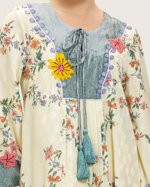 Cream Floral Maxi Kaftan Dress with Embroidery & Front Tie