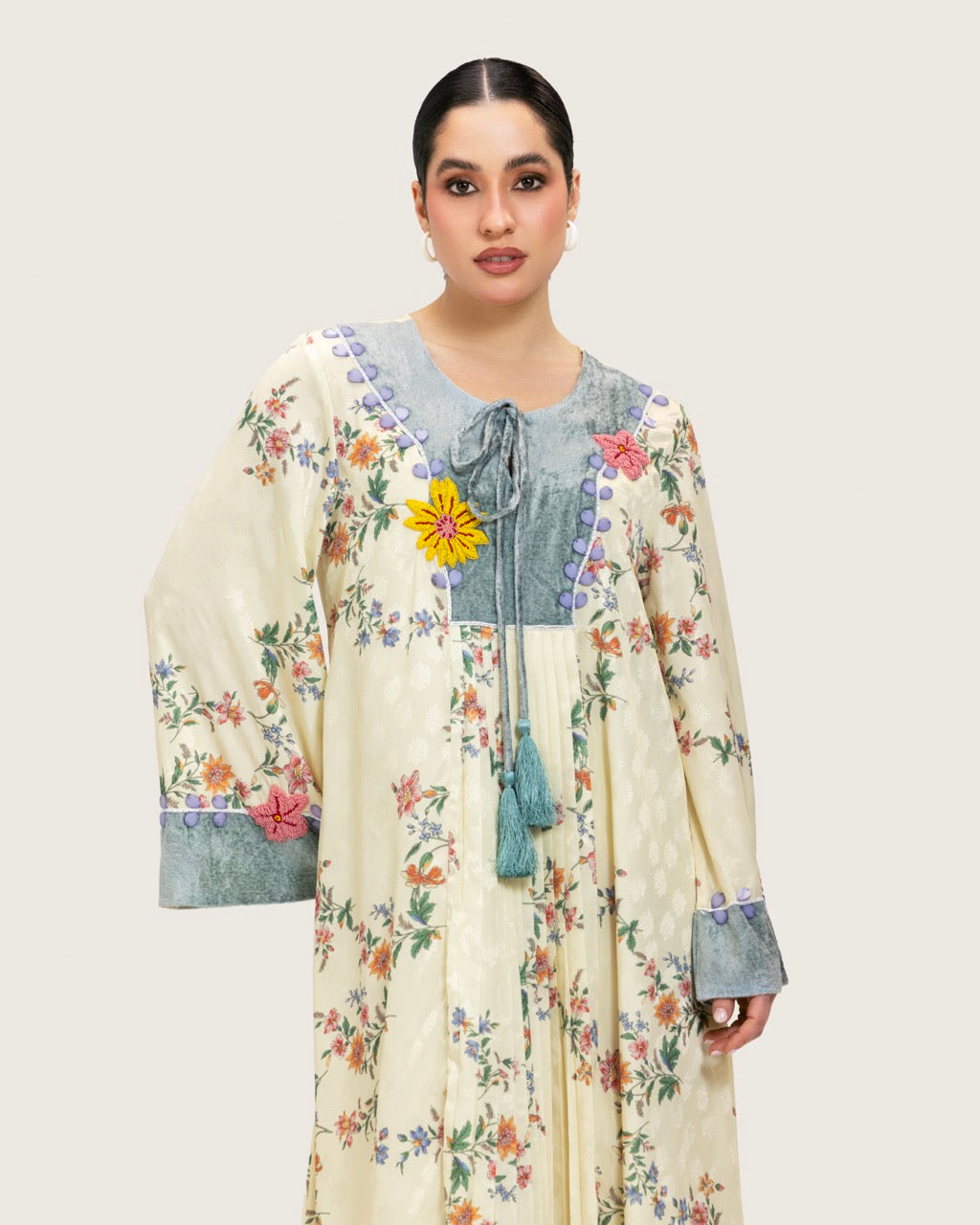 Cream Floral Maxi Kaftan Dress with Embroidery & Front Tie