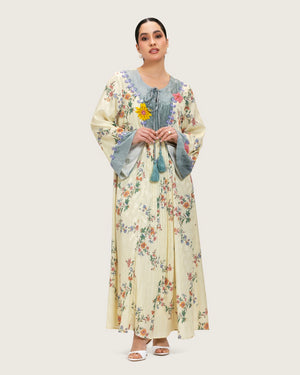 Cream Floral Maxi Kaftan Dress with Embroidery & Front Tie