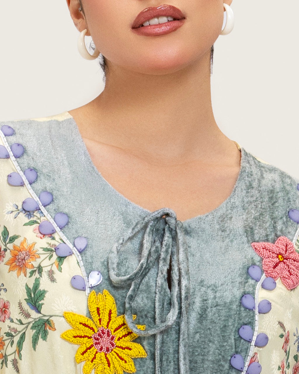 Cream Floral Maxi Kaftan Dress with Embroidery & Front Tie