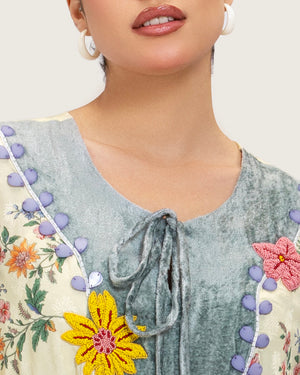 Cream Floral Maxi Kaftan Dress with Embroidery & Front Tie