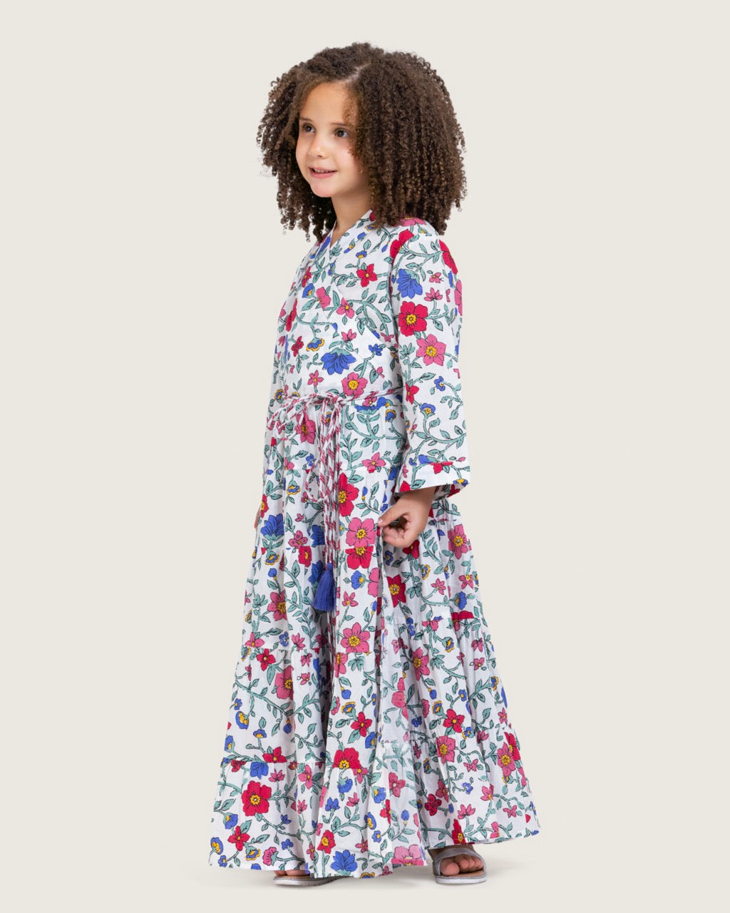 Girls Floral Tiered Wrap Dress in Cotton Fabric - White