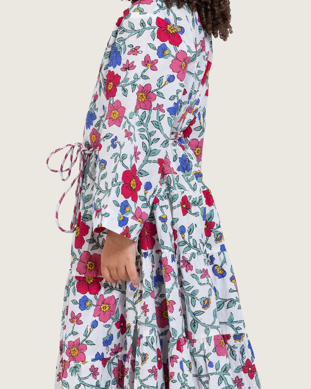 Girls Floral Tiered Wrap Dress in Cotton Fabric - White