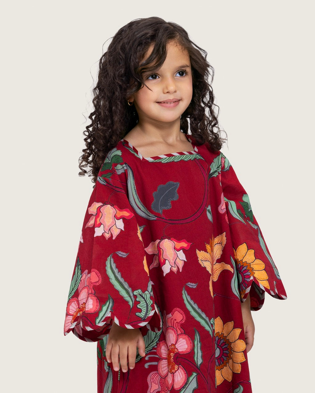 Printed Cotton Kids Dress with Relaxed Fit and Scalloped Edges - Burgundy